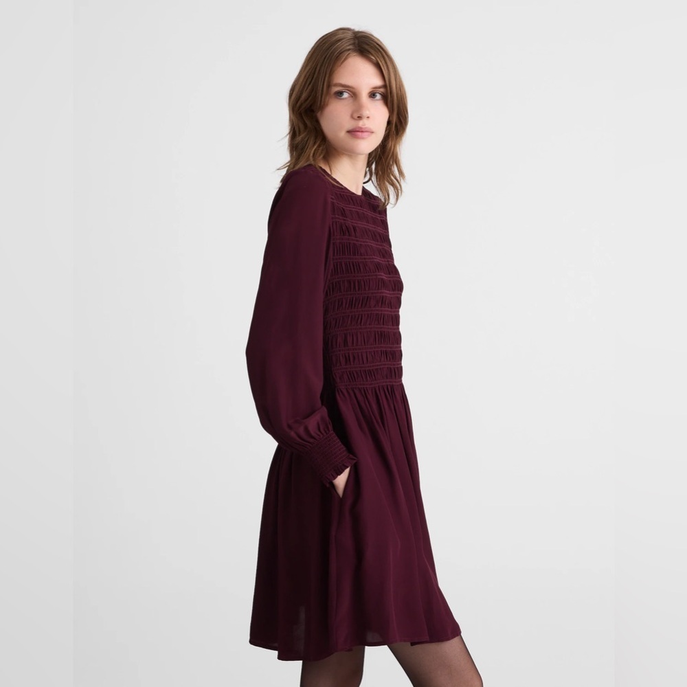 NWT Madewell Long-Sleeved Smocked Mini Dress Size XXS Dark Pomegranate - Picture 3 of 7